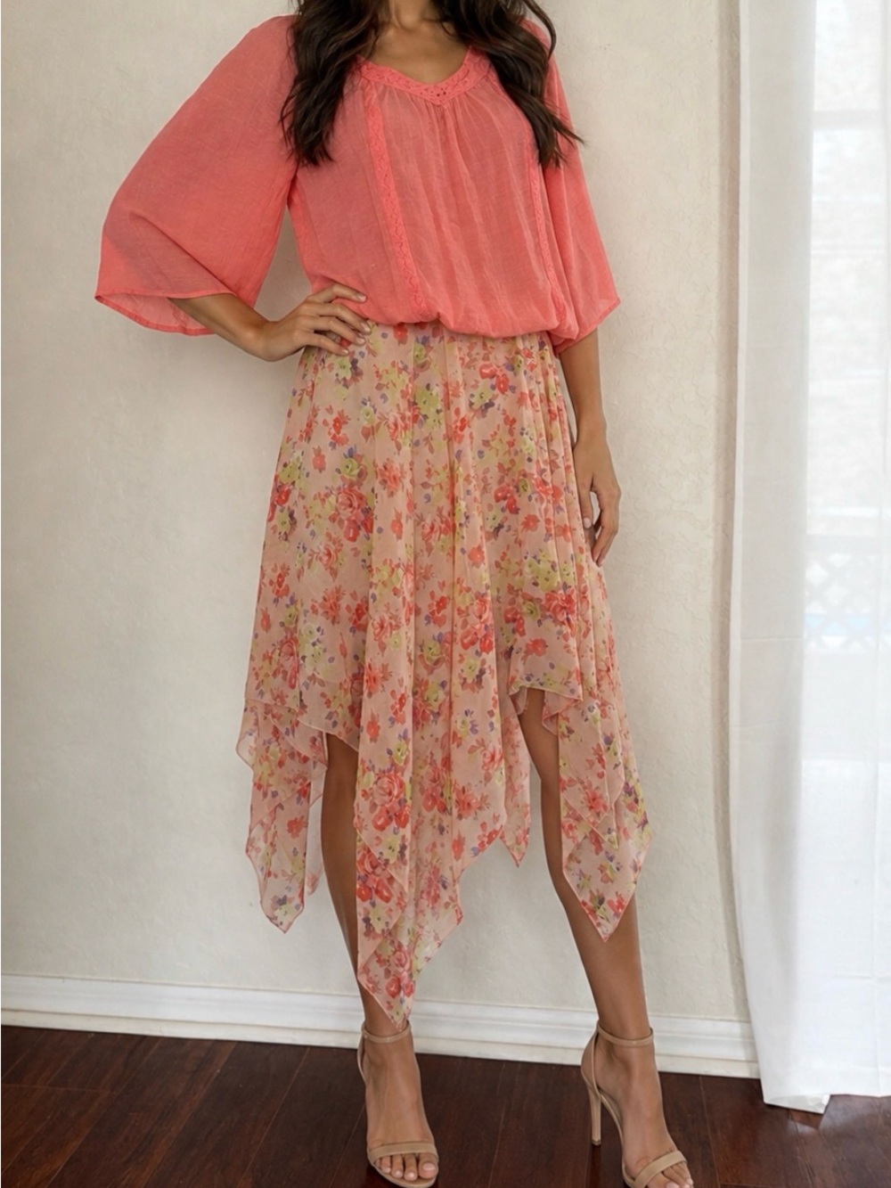Floral Handkerchief Hem Midi Skirt - Coral Floral + Top
